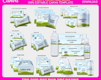 May include: A digital graphic showcasing 10 party favor templates, including chocolate wrappers, chip bags, water bottle labels, and more. The templates are customizable and editable in Canva, with the text "YOUR DESIGN HERE" visible on several items. The image includes the text "100% EDITABLE CANVA TEMPLATE".
