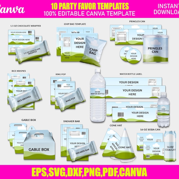 10x Party Favor Template Bundle | Editable Canva Chip Bag, Capri Sun, Rice Krispies Wraps | Digital Download Set