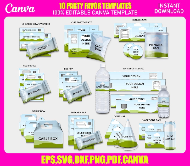 May include: A digital graphic displaying 10 party favour templates, such as chocolate wrappers, chip bags, water bottle labels, and others. The templates are customisable and editable in Canva, with the text "YOUR DESIGN HERE" visible on several items. The image includes the text "100% EDITABLE CANVA TEMPLATE".