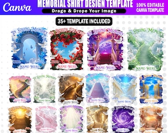 Oltre 35 modelli di magliette "In Loving Memory" / Modelli commemorativi Canva modificabili / Download digitale di sfondi RIP fai da te in formato PNG
