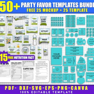 Puede incluir: Un paquete de plantillas digitales para recuerdos de fiesta con más de 50 diseños, incluyendo maquetas y plantillas. Presenta varios diseños de recuerdos de fiesta, información nutricional y áreas de texto editables. Incluye formatos de archivo como PDF, DXF, SVG, EPS, PNG y Canva.