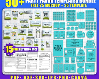 50+ Party Favor Mockup Bundle | Editable Canva Templates Chip Bag, Water Bottle, Juice Pouch | Drag & Drop Display