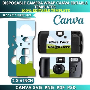 May include: Disposable camera wrap Canva editable templates on a 21.59 cm by 27.94 cm sheet size. The template features a blue sky and green landscape design. Two black disposable cameras are shown with the wrap applied, displaying the text Place Your Design Here.