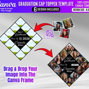 May include: A graduation cap topper template with a black diamond design. The template includes space for photos and text, with the words "Graduate," "Class of 2026," and a name. The design size is 8.5" x 8.5".