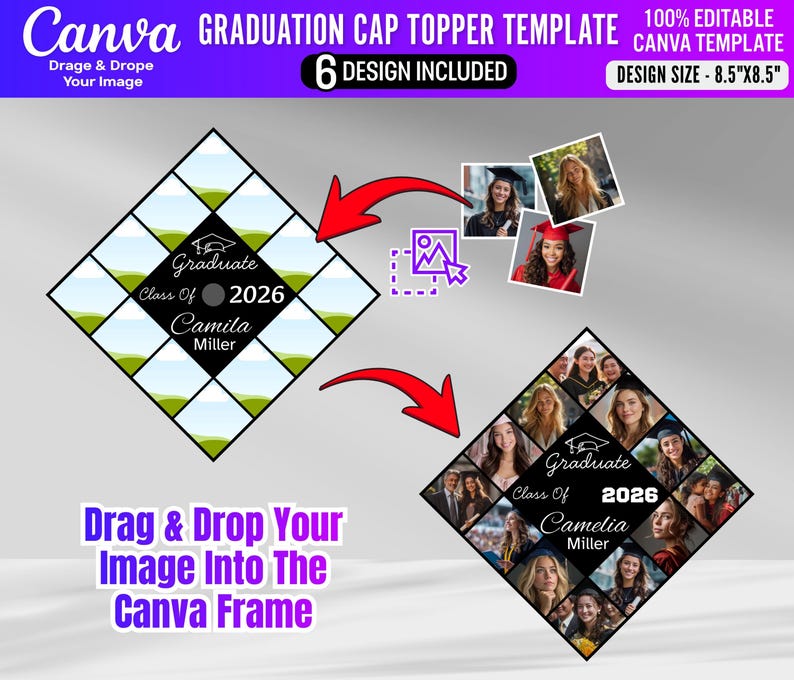 May include: A graduation cap topper template with a black diamond design. The template includes space for photos and text, with the words "Graduate," "Class of 2026," and a name. The design size is 8.5" x 8.5".