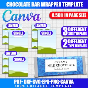 May include: A digital template for chocolate bar wrappers, featuring the Canva logo and text. The design includes multiple layout options, with a focus on editable templates. The image also displays a chocolate bar wrapper with the text "Creamy Milk Chocolate".