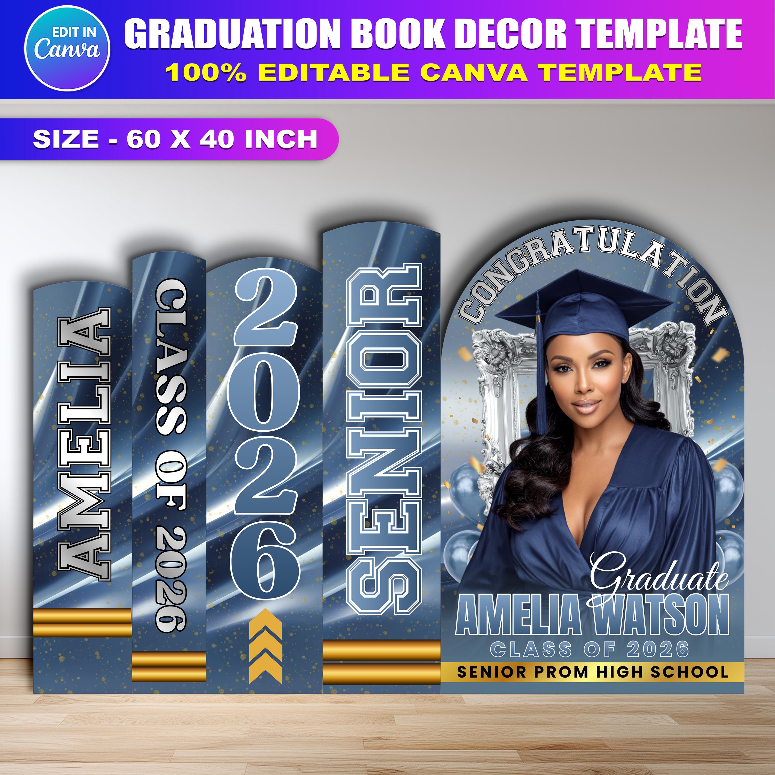 Grey Blue Graduation Book Decor Canva Editable Template, Graduation ...