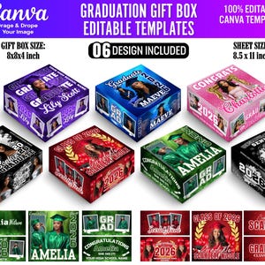 Può includere: Modelli di scatole regalo di laurea con design personalizzabili. Le scatole sono in vari colori, con foto e nomi. La dimensione della scatola regalo è di 20x20x10 cm. Il formato del foglio è 21,6 x 28 cm. Include 6 design.
