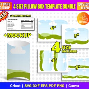 Può includere: Un pacchetto di modelli digitali per scatole a cuscino, con quattro dimensioni: 7.6, 10.2, 12.7 e 15.2 cm. Il design include un tema cielo e paesaggio, con elementi modificabili e un mockup. Il testo include "15 Nutrition Fact" e "Easy Drag and Drop".