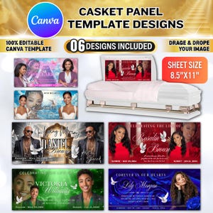 May include: A promotional image for casket panel template designs. The image features a white casket with a panel design, and six different design examples. The text includes "Casket Panel Template Designs", "06 Designs Included", and "Sheet Size 8.5"x11".
