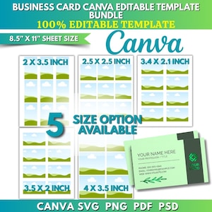May include: A digital business card template bundle for Canva featuring five size options including 2 x 3.5 inch, 2.5 x 2.5 inch, 3.4 x 2.1 inch, 3.5 x 2 inch, and 4 x 3.5 inch. The set includes a sample light green card with placeholder text and logo.