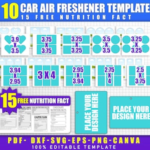 May include: A template for car air fresheners with various shapes and sizes, including hearts, circles, and rectangles. The image also includes nutrition facts templates and areas to add your own design. The template is 100% editable.