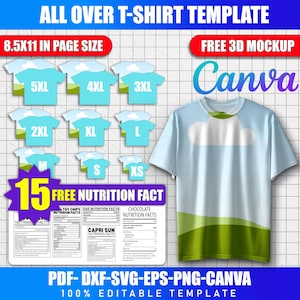 Puede incluir: Una plantilla de camiseta azul claro con un diseño de nube y colinas verdes. La imagen incluye varias tallas de camiseta de XS a 5XL, una tabla de información nutricional y el texto "ALL OVER T-SHIRT TEMPLATE". La plantilla es de 21,6 x 27,9 cm.