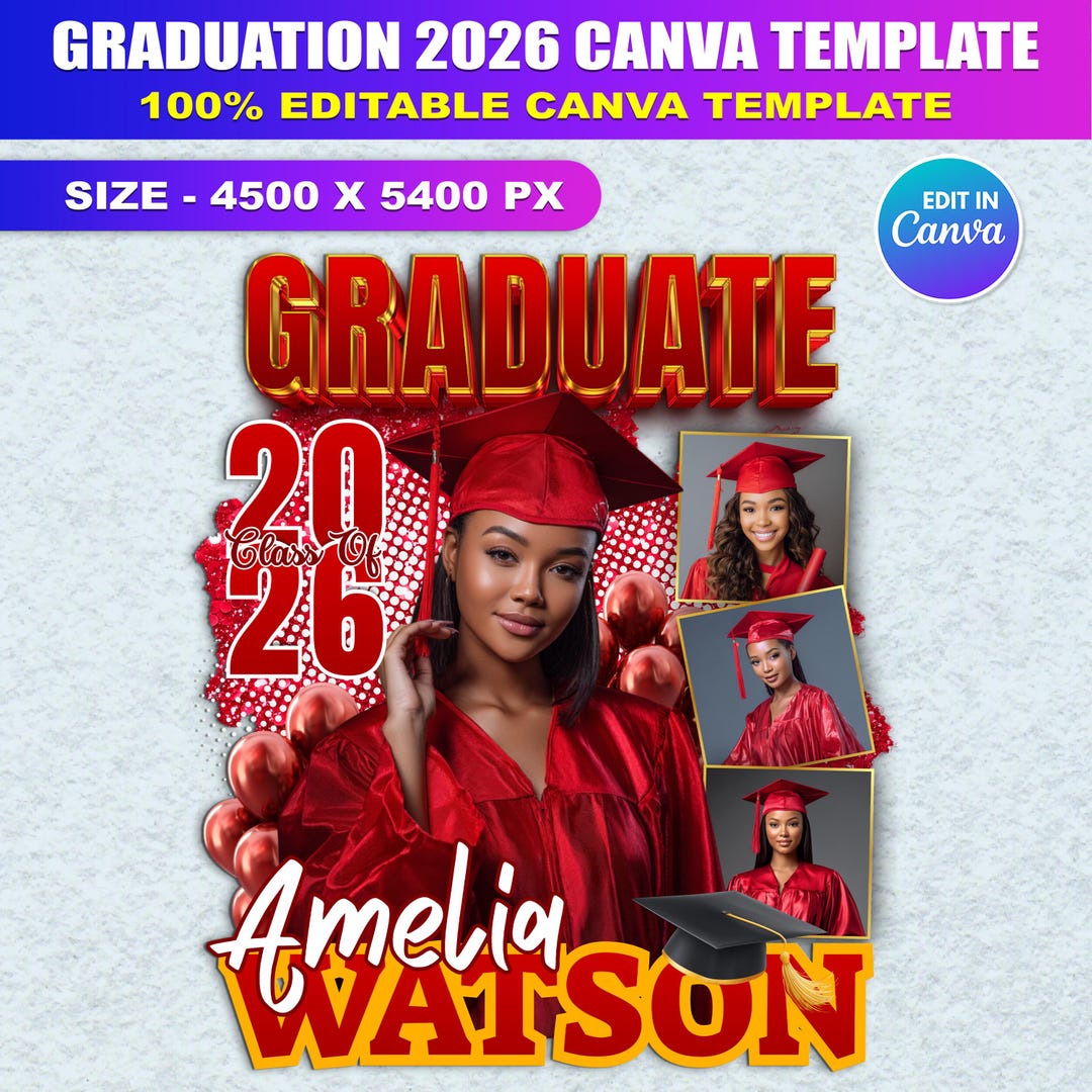 Graduate 2026 Editable Canva Template Digital Download, Red & Black ...