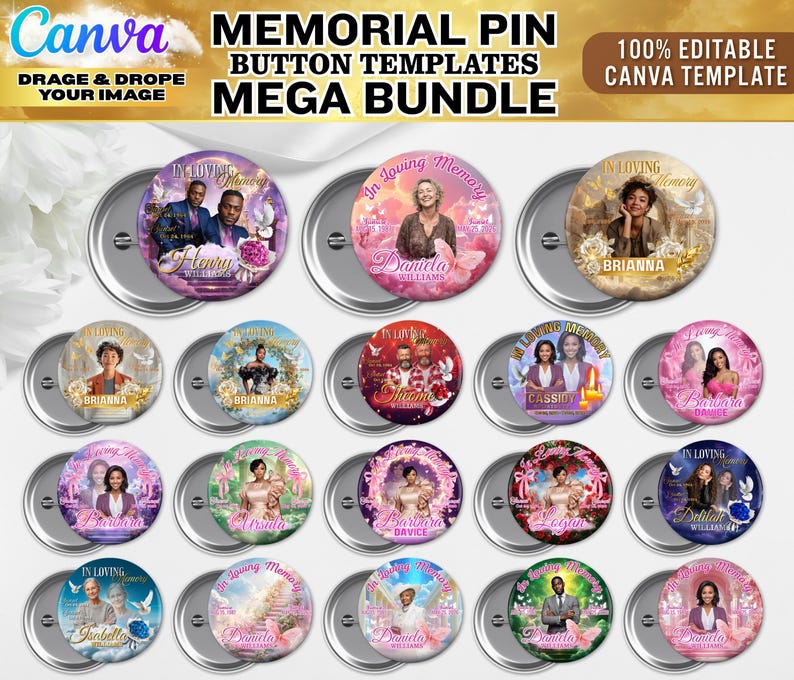 Pu&ograve; includere: Una collezione di modelli di bottoni a spilla commemorativi con vari design. Ogni bottone presenta una foto, un nome e la frase "In Loving Memory". I bottoni sono rotondi con un retro in metallo argentato. Il testo "Memorial Pin Button Templates Mega Bundle" &egrave; in alto.