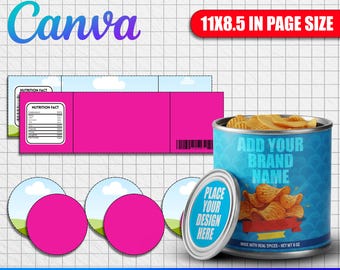 Może przedstawiać: Niebieski szablon etykiety puszki po chipsach z tekstem "Chip Can Label Template" i "Canva". Projekt zawiera różową etykietę, okrągłe różowe naklejki i puszkę chipsów. Obecny jest również tekst "11x8.5 in page size".