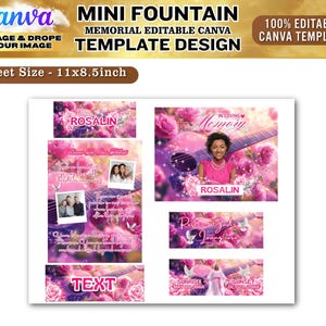 May include: A memorial template design with a pink floral theme. The design includes a photo of a woman, a guitar, and the name "Rosalin". The sheet size is 11x8.5 inches.