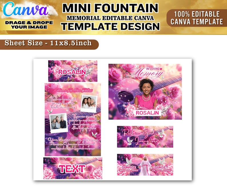 May include: A memorial template design with a pink floral theme. The design includes a photo of a woman, a guitar, and the name "Rosalin". The sheet size is 11x8.5 inches.
