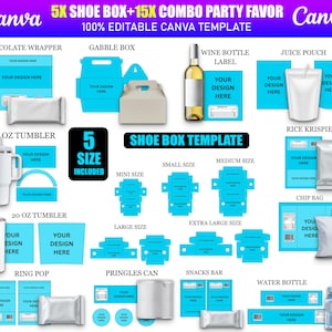 Könnte beinhalten: Eine Canva-Vorlage mit verschiedenen Partygeschenk-Designs, darunter eine Schuhbox, Schokoladenverpackung, Gable-Box, Weinflaschenetikett, Saftbeutel, Becher, Rice Krispie, Chipstüte, Ring Pop, Pringles-Dose, Snack-Riegel und Wasserflasche. Enthält 5 Größen.