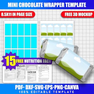 Könnte beinhalten: Vorlage für Mini-Schokoladenverpackungen mit einem Layout aus blauen Rechtecken und einem Verpackungsdesign. Enthält die Etiketten "FREE 3D MOCKUP" und "15 FREE NUTRITION FACT". Die Vorlage ist 21,59 x 27,94 cm groß.