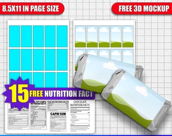 ミニチョコレート包装紙テンプレート、Canvaで編集可能なパーティー記念品モックアップ、ミニキャンディーバー包装紙ドラッグ＆ドロップデザイン+無料3Dモックアップと栄養成分表示