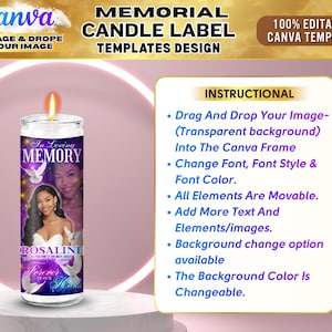 May include: A memorial candle with a purple and white design, featuring the text "In Loving Memory" and a photo. The candle has a lit flame and the text "Forever in Our Hearts". The Canva template design is 100% editable.
