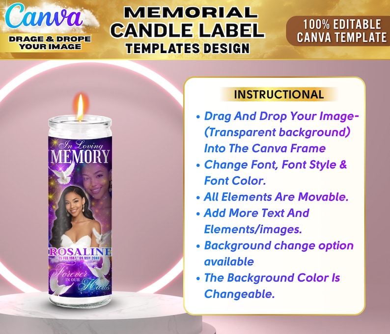 May include: A memorial candle with a purple and white design, featuring the text "In Loving Memory" and a photo. The candle has a lit flame and the text "Forever in Our Hearts". The Canva template design is 100% editable.