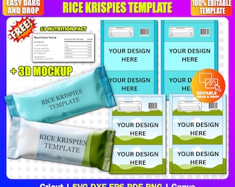 Może przedstawiać: Cyfrowy szablon opakowania Rice Krispies, z jasnoniebieskim i zielonym designem. Obraz zawiera makiety opakowania, a także edytowalne obszary projektowe i tabelę wartości odżywczych. Tekst zawiera "Easy Drag and Drop" i "100% Editable Template."