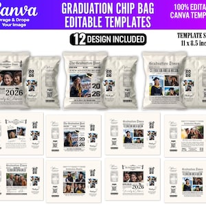 May include: A collection of graduation chip bag templates with various designs. The bags feature photos, the year 2026, and text such as "Graduation Times" and "A New Adventure Begins." The template size is 11 x 8.5 inches.