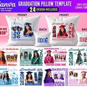 May include: White graduation pillow template with text and photos. The design size is 26" x 20". The template includes designs for front and back pillows, with the text "Congratulations", "Graduate", and "Class of 2026".