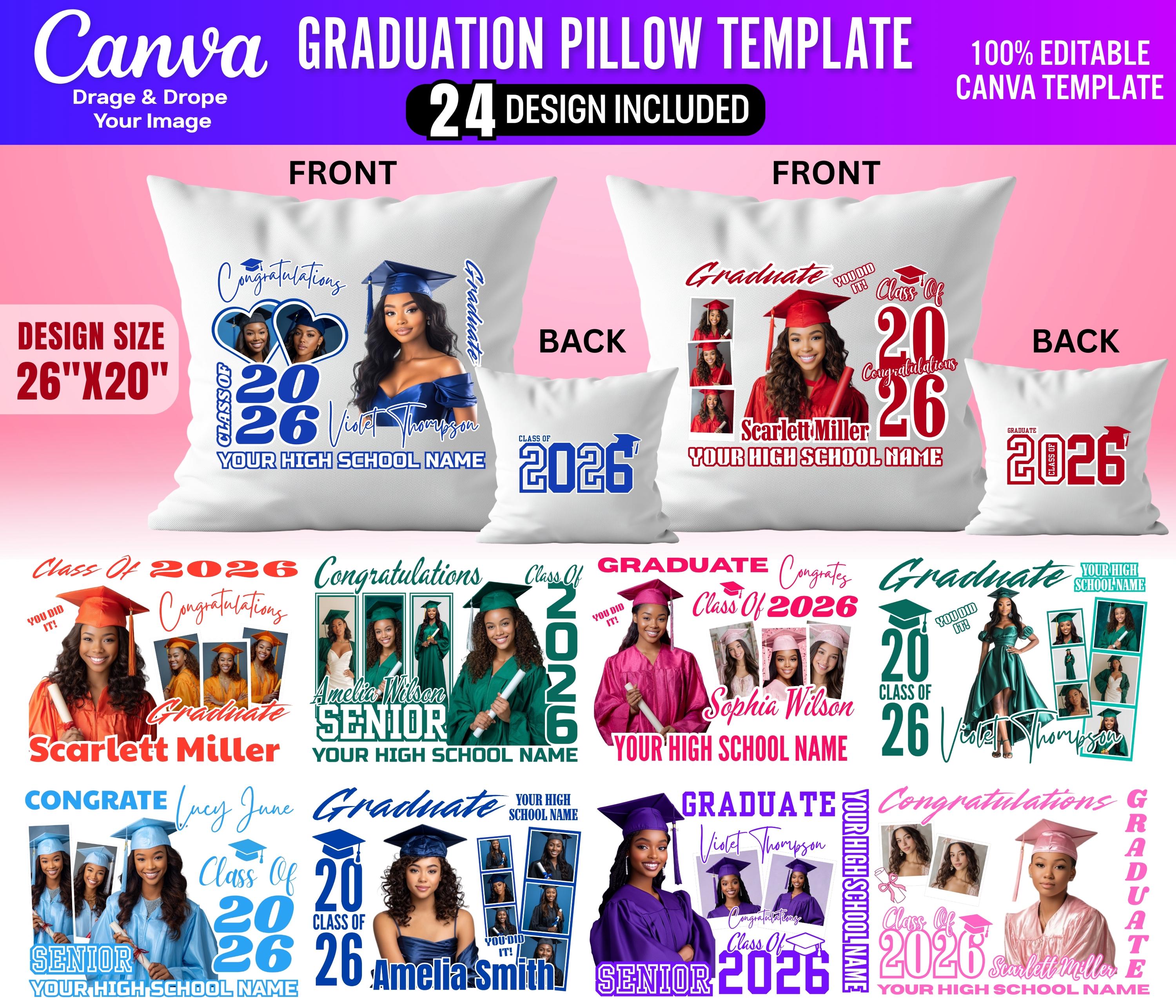 24x Graduation Canva Editable Pillow Templates | Personalized Class of 2026 Cushion Decor | Double-Sided Senior Portrait Keepsake