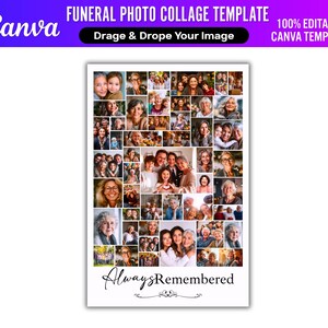 Pu&ograve; includere: Un modello Canva bianco per un collage di foto funebri. Il modello include il testo "FUNERAL PHOTO COLLAGE TEMPLATE" e "Always Remembered". Il collage &egrave; pieno di varie foto di famiglia. Il modello &egrave; modificabile al 100%.