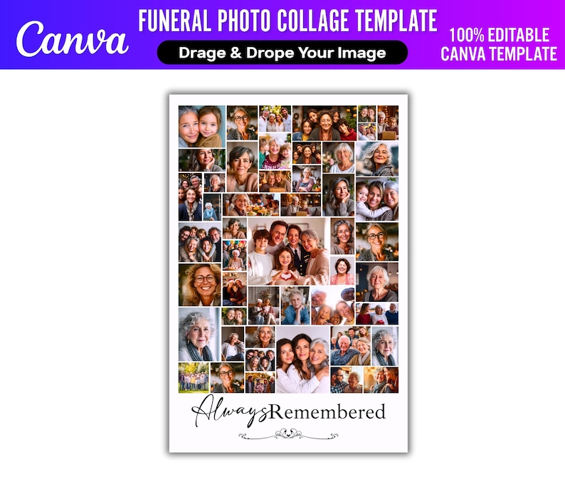 Pu&ograve; includere: Un modello Canva bianco per un collage di foto funebri. Il modello include il testo "FUNERAL PHOTO COLLAGE TEMPLATE" e "Always Remembered". Il collage &egrave; pieno di varie foto di famiglia. Il modello &egrave; modificabile al 100%.