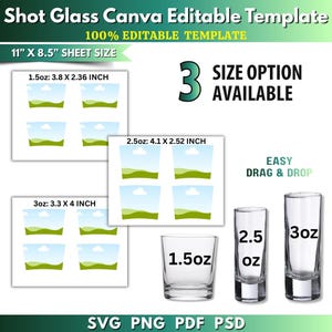 Pode incluir: Um modelo digital Canva para copos de shot com três opções de tamanho: 1,5 oz (9,65 x 5,99 cm), 2,5 oz (10,41 x 6,40 cm) e 3 oz (8,38 x 10,16 cm). O conjunto inclui arquivos SVG, PNG, PDF e PSD com função arrastar e soltar.