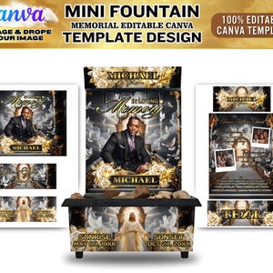 May include: A memorial fountain template design with the text "MINI FOUNTAIN MEMORIAL EDITABLE CANVA TEMPLATE DESIGN". The design includes images of a person in a suit, doves, and floral elements. The text "IN LOVING MEMORY" is also present.