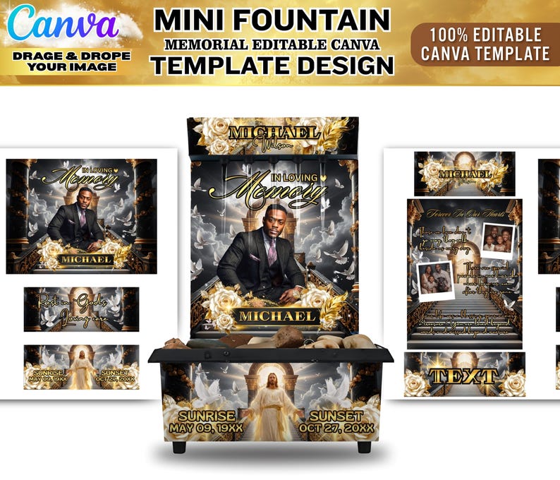 May include: A memorial fountain template design with the text "MINI FOUNTAIN MEMORIAL EDITABLE CANVA TEMPLATE DESIGN". The design includes images of a person in a suit, doves, and floral elements. The text "IN LOVING MEMORY" is also present.