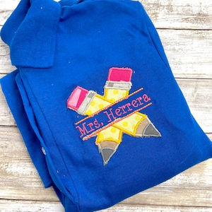 Personalized/ monogrammed School/teacher split pencils appliquéd polo shirt