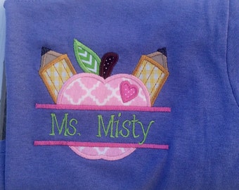 Personalized/ monogrammed School/teacher split apple with pencils appliquéd tshirt