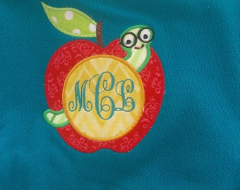 Personalized/ monogrammed School/teacher apple worm applique