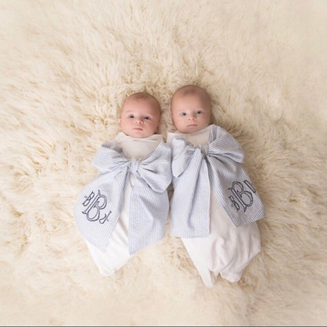 Monogrammed Swaddle Blanket Personalized Blue/ Pink Seersucker Sash