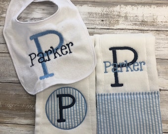 Baby boy gift Set Personalized Monogrammed Appliqued baby boy burpcloths with coordinating  bib seersucker burp cloths and bib