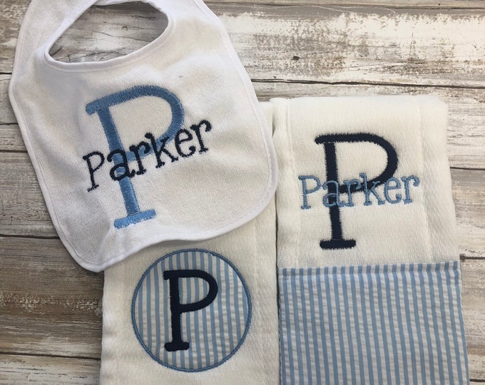Personalized Burp Cloth Set Classic Light Blue Navy Blue Monogram Burp