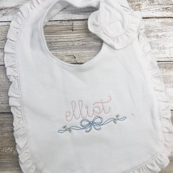 Monogrammed ruffle bib personalized bow ruffle bib vintage bow ruffle bib