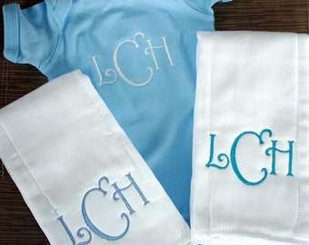 Monogrammed Baby Set Monogrammed baby boy blue bodysuit  and 2 coordinating cloth diaper burp cloth set