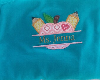 Personalized/ monogrammed School/teacher split apple with pencils appliquéd tshirt