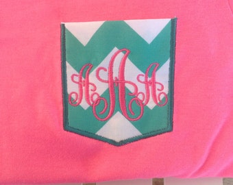Monogrammed aqua chevron pocket appliquéd t-shirt