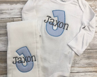 Monogrammed Baby Set Monogrammed baby boy bodysuit  and coordinating cloth diaper burp cloth set