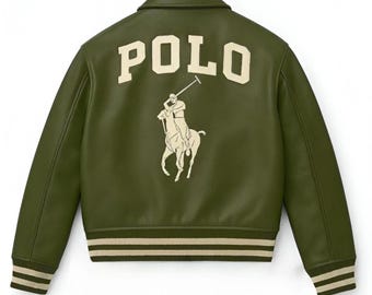 Polo Green Leather Bomber Jacket, Cowsoft Leather, Embroidered Logo