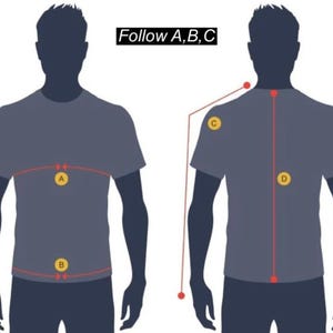 Puede incluir: Diagrama que ilustra c&oacute;mo medir a una persona para ropa. La imagen muestra una vista frontal y posterior de una persona con una camiseta gris, con l&iacute;neas y etiquetas rojas que indican los puntos de medici&oacute;n. El texto en la parte superior dice "Follow A, B, C."