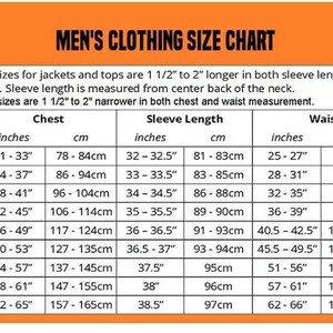 Puede incluir: Tabla de tallas de ropa de hombre con medidas de pecho, manga y cintura en pulgadas y cent&iacute;metros. Tallas de XS a 5XL. Incluye detalles para tallas altas y slim.